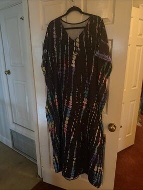 Black Multicolor Tie-Dye V-Neck Women's Dress L/XL